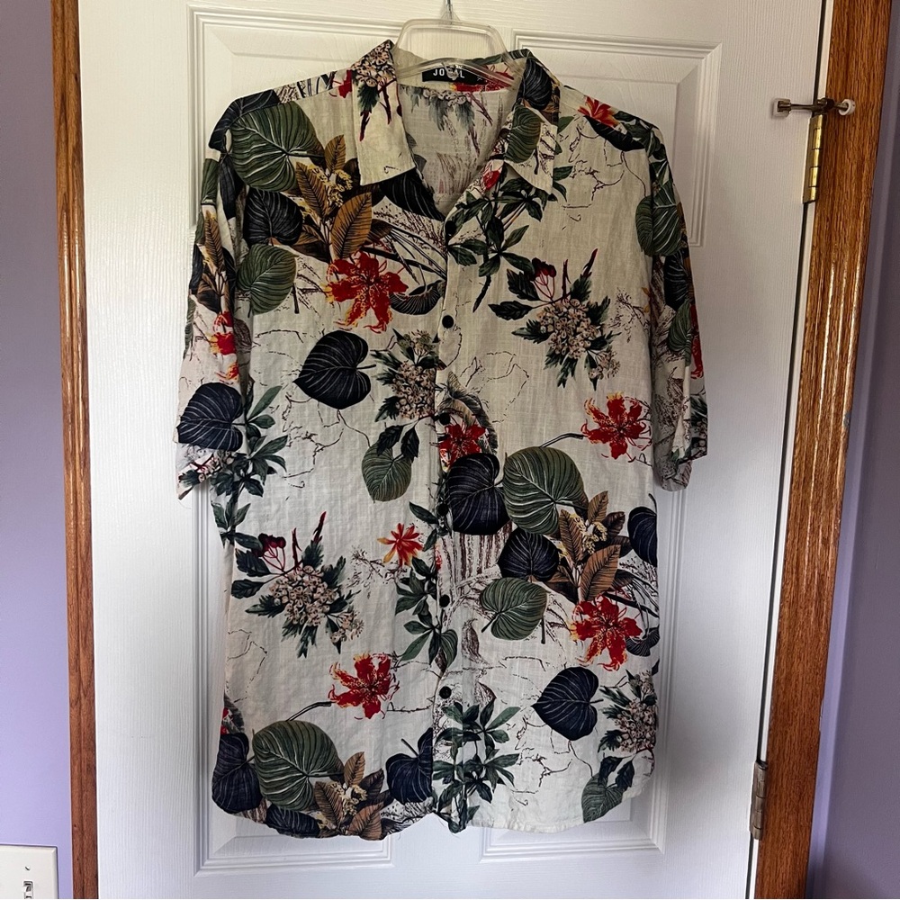 Jogal Short Sleeve White‎ Hawaiian Shirt Casual Floral Men’s XL EUC